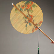 Buddha Stones Handmade Birds Flowers Persimmons Fruit Koi Fish Lotus Bamboo Long Handle Portable Curlable Fan Fan BS 5