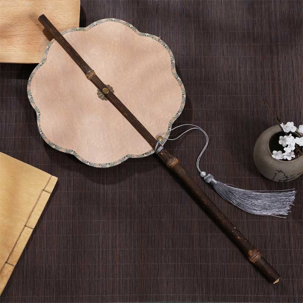 Buddha Stones Handmade Cherry Bamboo Leaf Grape Pattern Long Purple Bamboo Handle Portable Curlable Fan