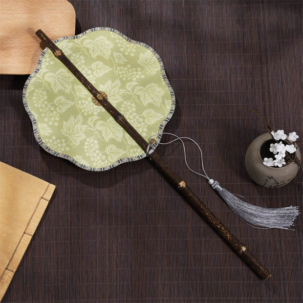 Buddha Stones Handmade Cherry Bamboo Leaf Grape Pattern Long Purple Bamboo Handle Portable Curlable Fan