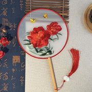 Buddha Stones Peony Flowers Butterfly Embroidered Handheld Wood Handle Fan