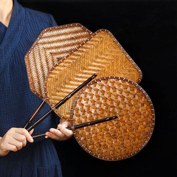 Buddha Stones Chinese Style Handmade Bamboo Woven Round Oval Banana Shape Long Handle Fan