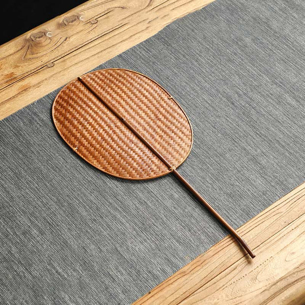 Buddha Stones Chinese Style Handmade Bamboo Woven Round Oval Banana Shape Long Handle Fan Fan BS Oval 25*20.5*45cm