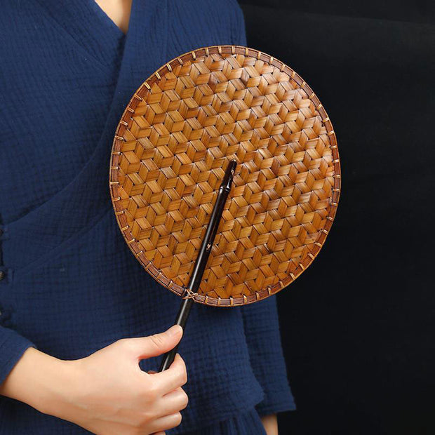 Buddha Stones Chinese Style Handmade Bamboo Woven Round Oval Banana Shape Long Handle Fan Fan BS 2