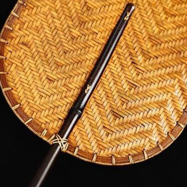 Buddha Stones Chinese Style Handmade Bamboo Woven Round Oval Banana Shape Long Handle Fan Fan BS 19