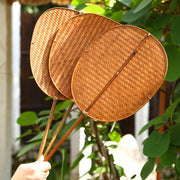 Buddha Stones Chinese Style Handmade Bamboo Woven Oval Round Banana Conical Shape Long Handle Fan Fan BS main