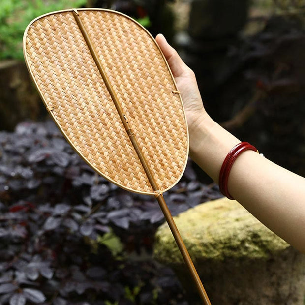 Buddha Stones Chinese Style Handmade Bamboo Woven Oval Round Banana Conical Shape Long Handle Fan Fan BS 12