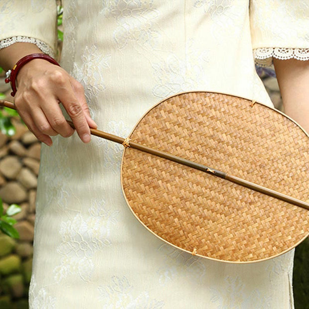 Buddha Stones Chinese Style Handmade Bamboo Woven Oval Round Banana Conical Shape Long Handle Fan Fan BS 2