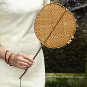 Buddha Stones Chinese Style Handmade Bamboo Woven Oval Round Banana Conical Shape Long Handle Fan Fan BS 7