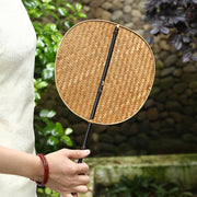 Buddha Stones Chinese Style Handmade Bamboo Woven Oval Round Banana Conical Shape Long Handle Fan