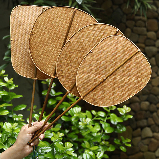 Buddha Stones Chinese Style Handmade Bamboo Woven Oval Round Banana Conical Shape Long Handle Fan Fan BS 13