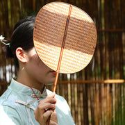 Buddha Stones Chinese Style Handmade Bamboo Woven Oval Round Banana Conical Shape Long Handle Fan