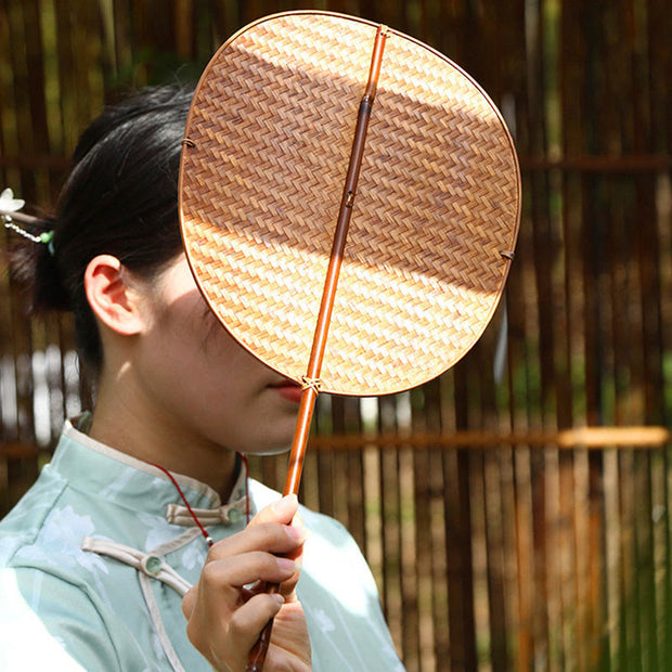 Buddha Stones Chinese Style Handmade Bamboo Woven Oval Round Banana Conical Shape Long Handle Fan Fan BS 8