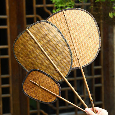 Buddha Stones Summer Retro Chinese Style Handmade Bamboo Woven Round Banana Shape Long Handle Fan Fan BS main