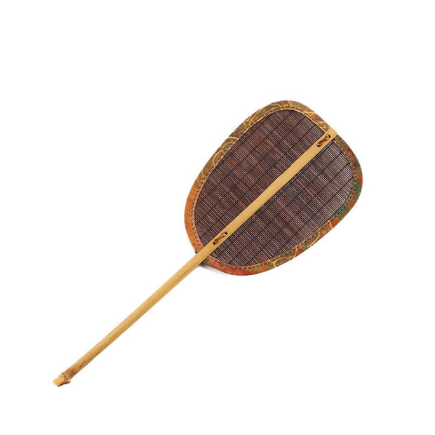 Buddha Stones Summer Retro Chinese Style Handmade Bamboo Woven Round Banana Shape Long Handle Fan Fan BS Brown Oval 11*15*31cm