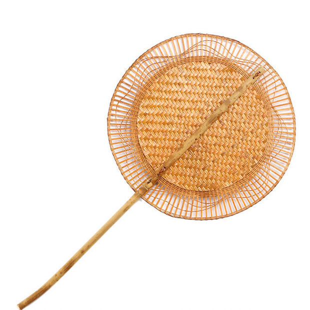 Buddha Stones Summer Retro Chinese Style Handmade Bamboo Woven Round Banana Shape Long Handle Fan Fan BS Round Hollow 25*45cm