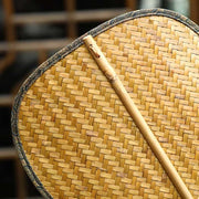 Buddha Stones Summer Retro Chinese Style Handmade Bamboo Woven Round Banana Shape Long Handle Fan