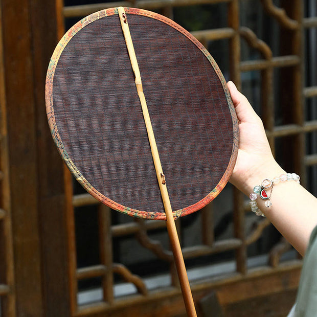 Buddha Stones Summer Retro Chinese Style Handmade Bamboo Woven Round Banana Shape Long Handle Fan