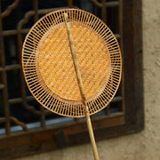 Buddha Stones Summer Retro Chinese Style Handmade Bamboo Woven Round Banana Shape Long Handle Fan Fan BS 23