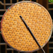 Buddha Stones Summer Retro Chinese Style Handmade Bamboo Woven Round Banana Shape Long Handle Fan Fan BS 18