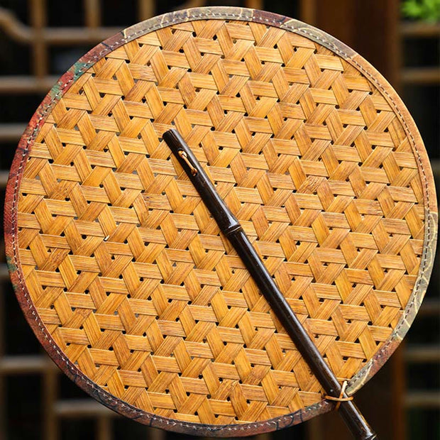 Buddha Stones Summer Retro Chinese Style Handmade Bamboo Woven Round Banana Shape Long Handle Fan Fan BS 18