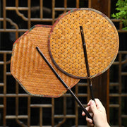 Buddha Stones Summer Retro Chinese Style Handmade Bamboo Woven Round Banana Shape Long Handle Fan Fan BS 25