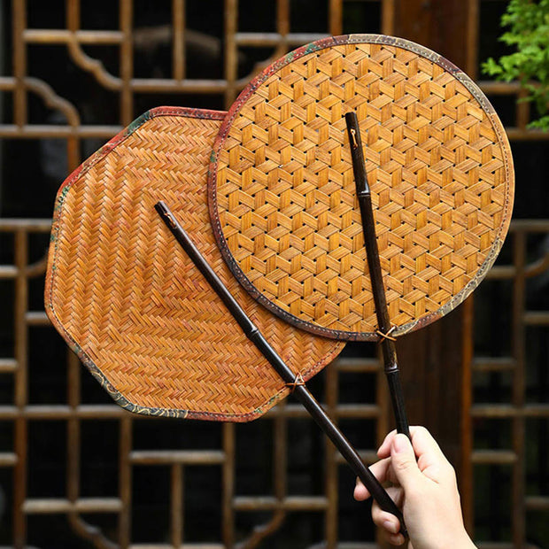 Buddha Stones Summer Retro Chinese Style Handmade Bamboo Woven Round Banana Shape Long Handle Fan Fan BS 25