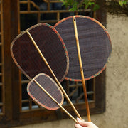 Buddha Stones Summer Retro Chinese Style Handmade Bamboo Woven Round Banana Shape Long Handle Fan Fan BS 15