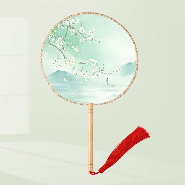 Buddha Stones Ginkgo Leaf Koi Fish Cherry Blossom Spring Flowers Handheld Wood Handle Fan Fan BS White Flower(Single-Sided Printing) 21*15cm