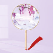 Buddha Stones Ginkgo Leaf Koi Fish Cherry Blossom Spring Flowers Handheld Wood Handle Fan Fan BS Moon Purple Flowers(Single-Sided Printing) 21*15cm