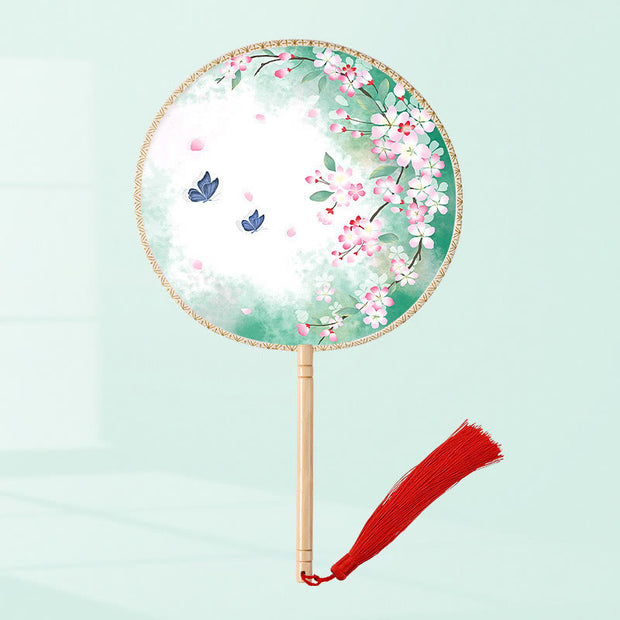 Buddha Stones Ginkgo Leaf Koi Fish Cherry Blossom Spring Flowers Handheld Wood Handle Fan Fan BS Butterfly Flying Pink Flower(Single-Sided Printing) 21*15cm