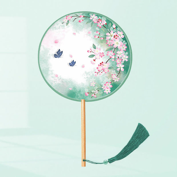 Buddha Stones Ginkgo Leaf Koi Fish Cherry Blossom Spring Flowers Handheld Wood Handle Fan