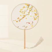 Buddha Stones Ginkgo Leaf Koi Fish Cherry Blossom Spring Flowers Handheld Wood Handle Fan