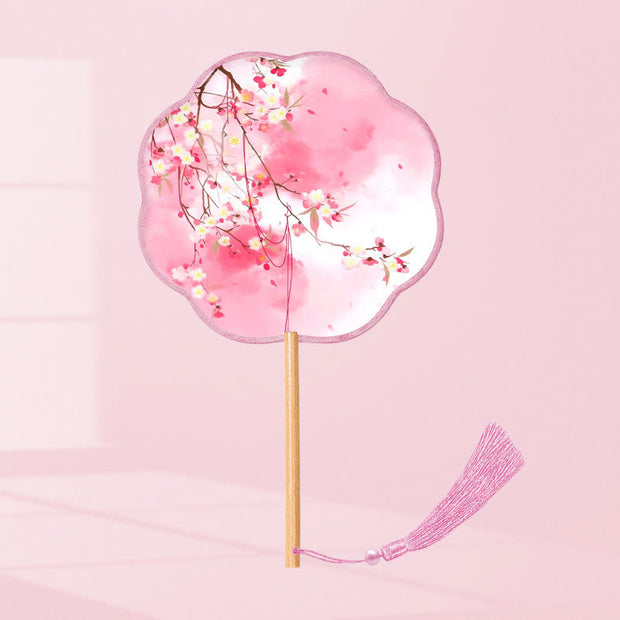 Buddha Stones Ginkgo Leaf Koi Fish Cherry Blossom Spring Flowers Handheld Wood Handle Fan Fan BS (Eight-Petal Shape)Pink White Flower 21*15cm