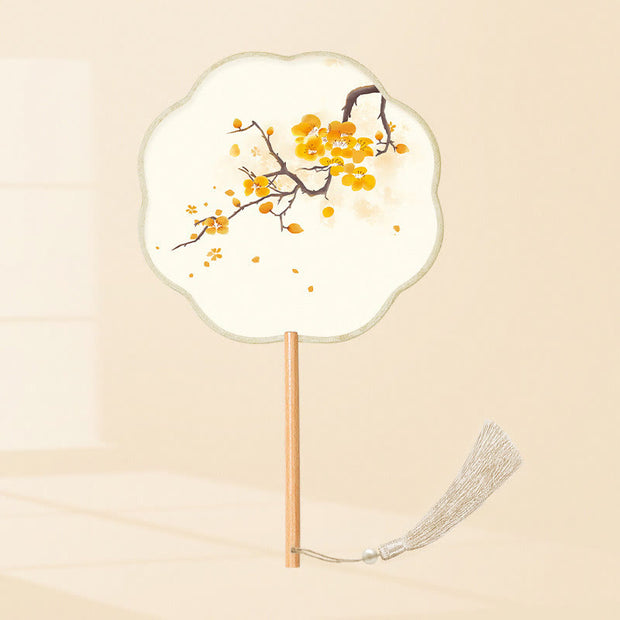 Buddha Stones Ginkgo Leaf Koi Fish Cherry Blossom Spring Flowers Handheld Wood Handle Fan Fan BS (Eight-Petal Shape)Small Yellow Flower 21*15cm