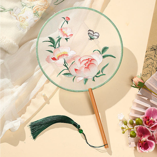 Buddha Stones Peony Butterfly Osmanthus Lotus Koi Fish Double-sided Embroidery Handheld Wood Handle Fan