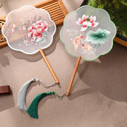 Buddha Stones Peony Butterfly Osmanthus Lotus Koi Fish Double-sided Embroidery Handheld Wood Handle Fan