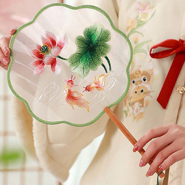 Buddha Stones Peony Butterfly Osmanthus Lotus Koi Fish Double-sided Embroidery Handheld Wood Handle Fan