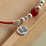 Buddha Stones Handmade 925 Sterling Silver Fu Character Red Agate Fortune Braided Ultra-Thin Rope Bracelet