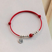 Buddha Stones Handmade 925 Sterling Silver Fu Character Red Agate Fortune Braided Ultra-Thin Rope Bracelet