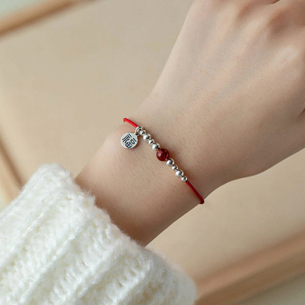 Buddha Stones Handmade 925 Sterling Silver Fu Character Red Agate Fortune Braided Ultra-Thin Rope Bracelet