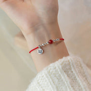 Buddha Stones Handmade 925 Sterling Silver Fu Character Red Agate Fortune Braided Ultra-Thin Rope Bracelet