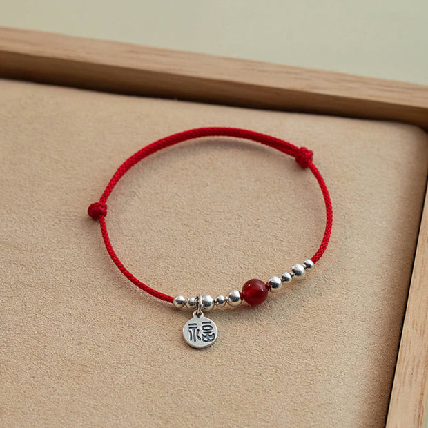 FREE Today: Blessing and Fortune Handmade 925 Sterling Silver Fu Character Red Agate Ultra-Thin Rope Bracelet