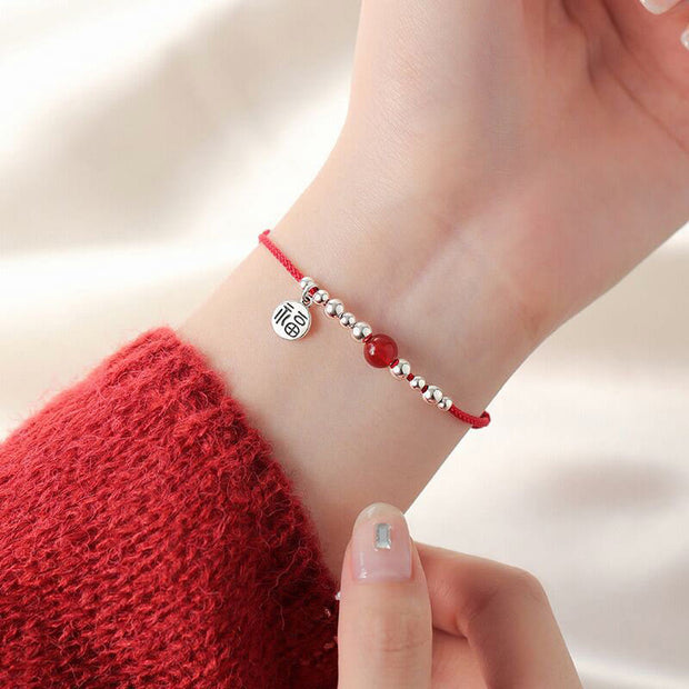 FREE Today: Blessing and Fortune Handmade 925 Sterling Silver Fu Character Red Agate Ultra-Thin Rope Bracelet