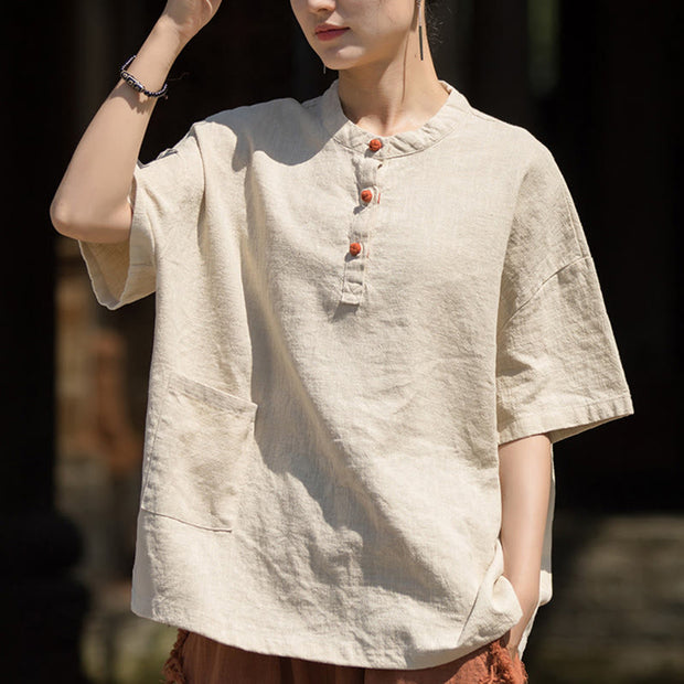 Buddha Stones Summer Short Sleeve Ramie Half Button T-shirt Tee Women's T-Shirts BS Linen F(Fit for US4-8/10; UK/AU8-12/14; EU36-40/42)