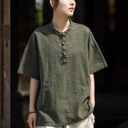 Buddha Stones Summer Short Sleeve Ramie Half Button T-shirt Tee