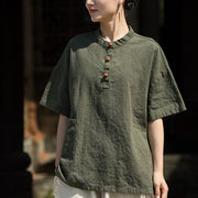 Buddha Stones Summer Short Sleeve Ramie Half Button T-shirt Tee