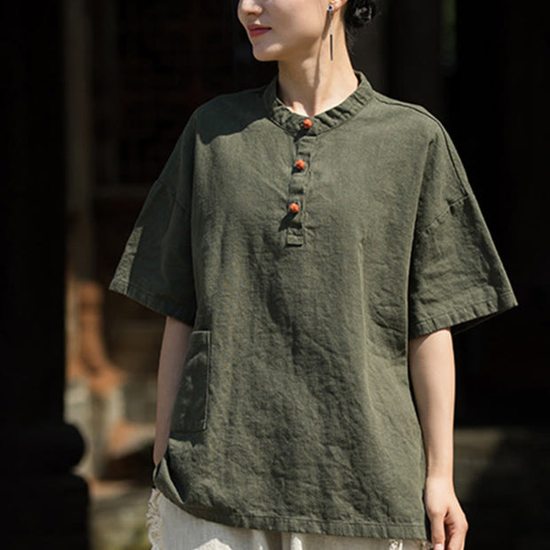 Buddha Stones Summer Short Sleeve Ramie Half Button T-shirt Tee