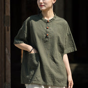 Buddha Stones Summer Short Sleeve Ramie Half Button T-shirt Tee