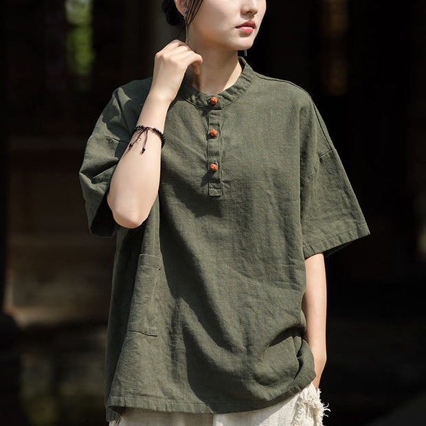 Buddha Stones Summer Short Sleeve Ramie Half Button T-shirt Tee