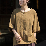 Buddha Stones Causal Half Sleeve Ramie Linen Cotton T-shirt Tee